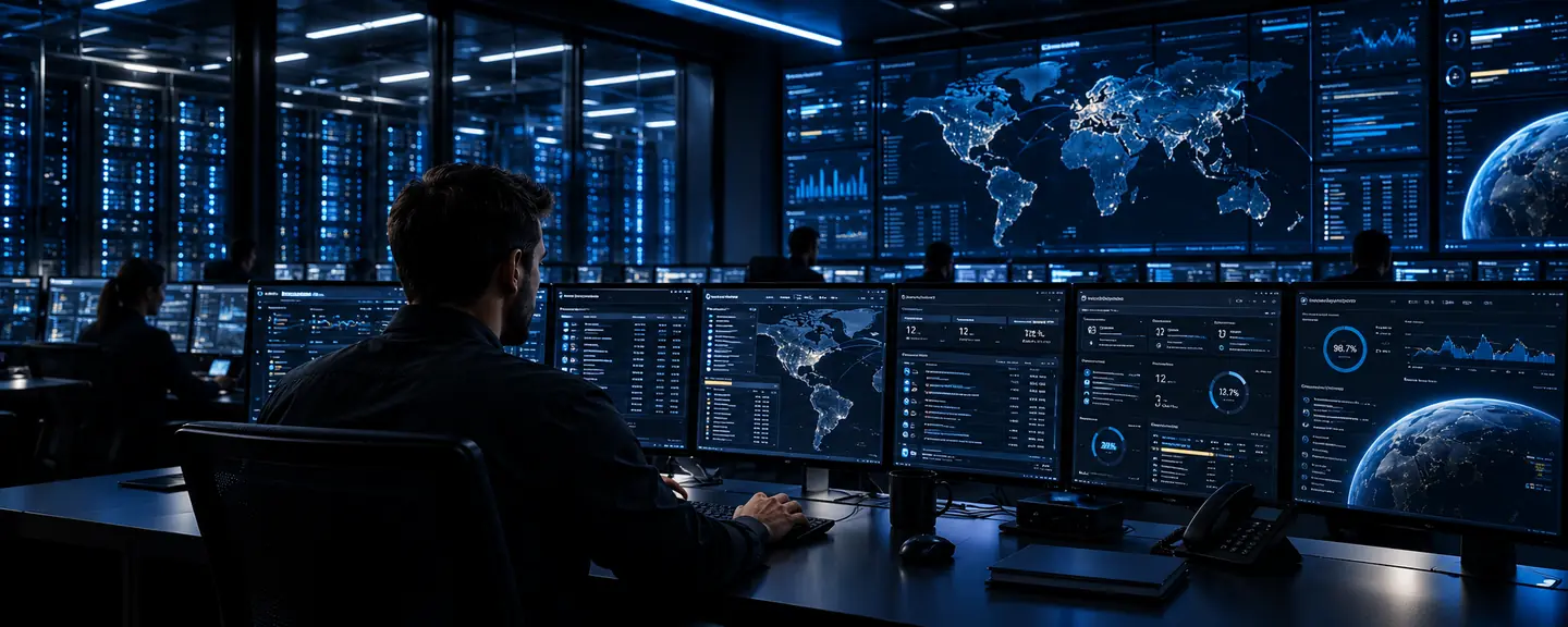 Profissional de costas acompanhando monitores com painéis de infraestrutura