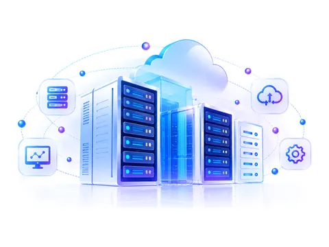 Racks de servidores sob uma nuvem, com módulos de hardware ao redor