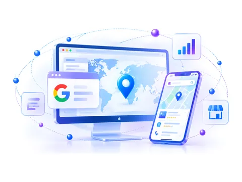 Monitor com um site e um mapa com pino de localização, ao lado de um smartphone