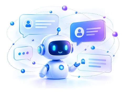 Assistente virtual entre balões de conversa e mensagens