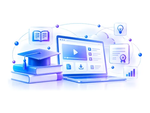 Livros, capelo de formatura e notebook com aulas em vídeo