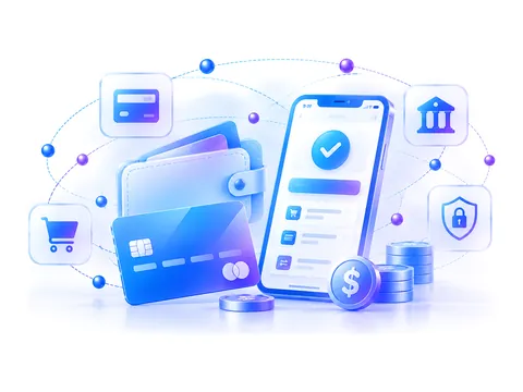 Ilustração de pagamentos digitais: carteira, cartões e smartphone