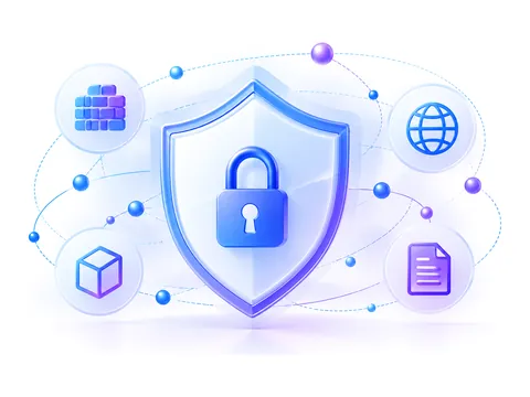 Escudo digital com cadeado cercado por uma rede de proteção